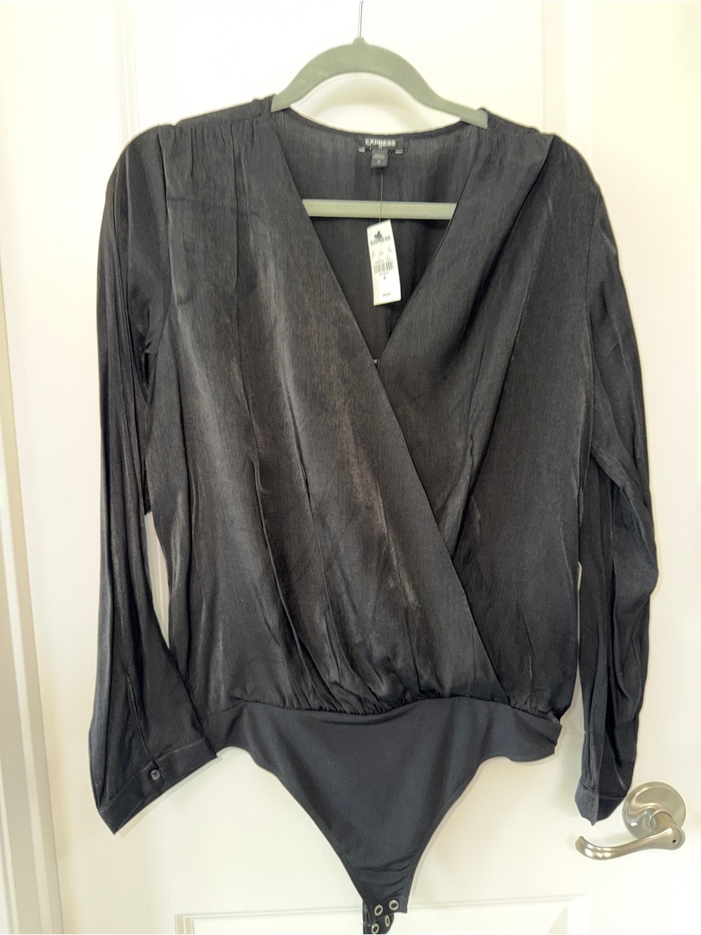 Express Black Surplice Long-Sleeve Bodysuit